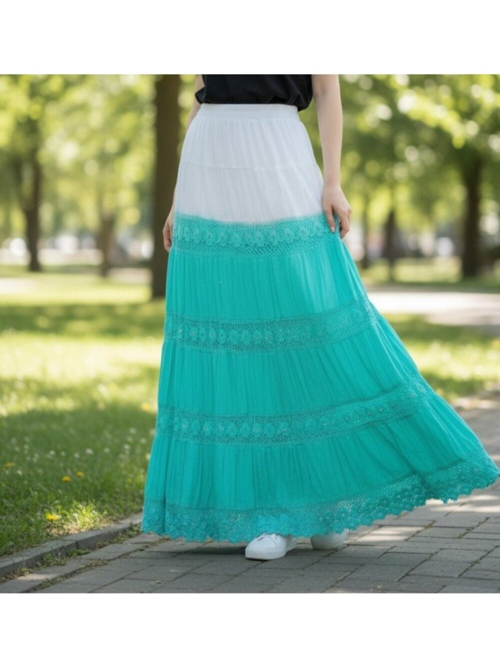 Valerie Stevens Maxi‎ Skirt Tiered Boho Hippie Beach Cotton Sequin Crochet Large